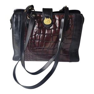 Brahmin VTG Tote Leather Handbag Women Crocodile Print Brown Black Rare
